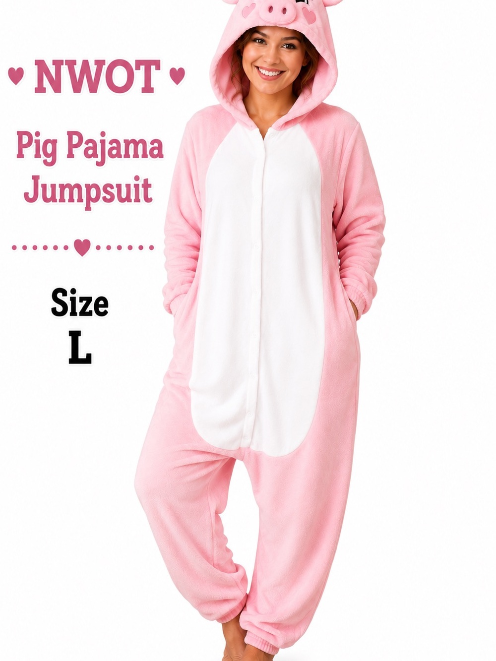NWOT Pink Pig Hooded Pajama Jumpsuit Plush Fleece Costume Large